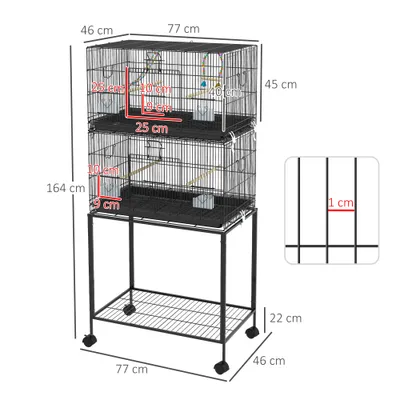 PawHut - Double cage à oiseaux avec roulettes et accessoires H.164cm - noir