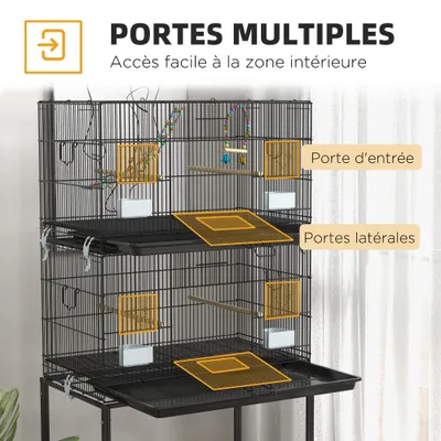 PawHut - Double cage à oiseaux avec roulettes et accessoires H.164cm - noir