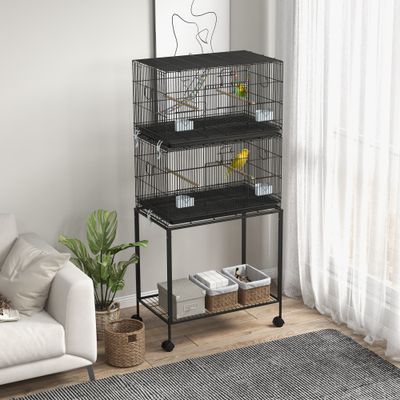 PawHut - Double cage à oiseaux avec roulettes et accessoires H.164cm - noir