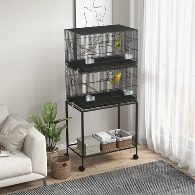 PawHut - Double cage à oiseaux avec roulettes et accessoires H.164cm - noir