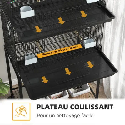 PawHut - Double cage à oiseaux avec roulettes et accessoires H.164cm - noir