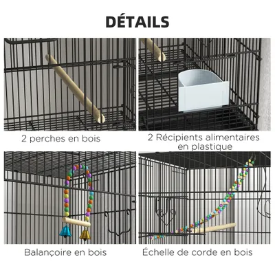 PawHut - Double cage à oiseaux avec roulettes et accessoires H.164cm - noir