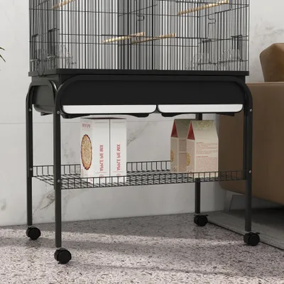 PawHut - cage perroquet sur roulettes avec étagère et plateaux - noir PawHut - cage perroquet sur roulettes avec étagère et plateaux - noir