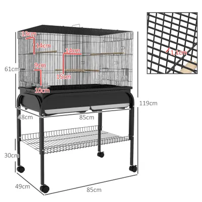 PawHut - cage perroquet sur roulettes avec étagère et plateaux - noir PawHut - cage perroquet sur roulettes avec étagère et plateaux - noir