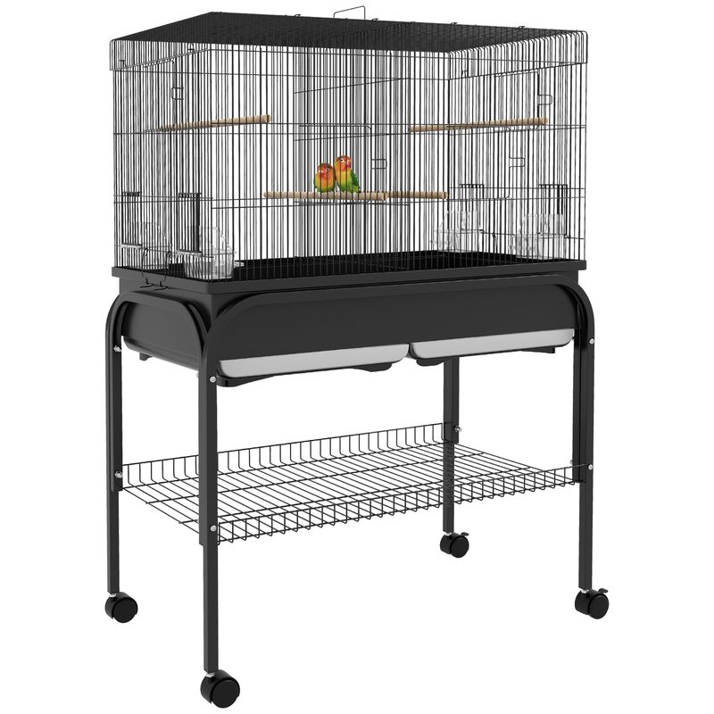 PawHut - cage perroquet sur roulettes avec étagère et plateaux - noir