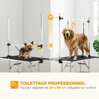 PawHut - Table toilettage pliante chien-réglable, étagère, 100kg max-noir