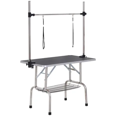 PawHut - Table toilettage pliante chien-réglable, étagère, 100kg max-noir