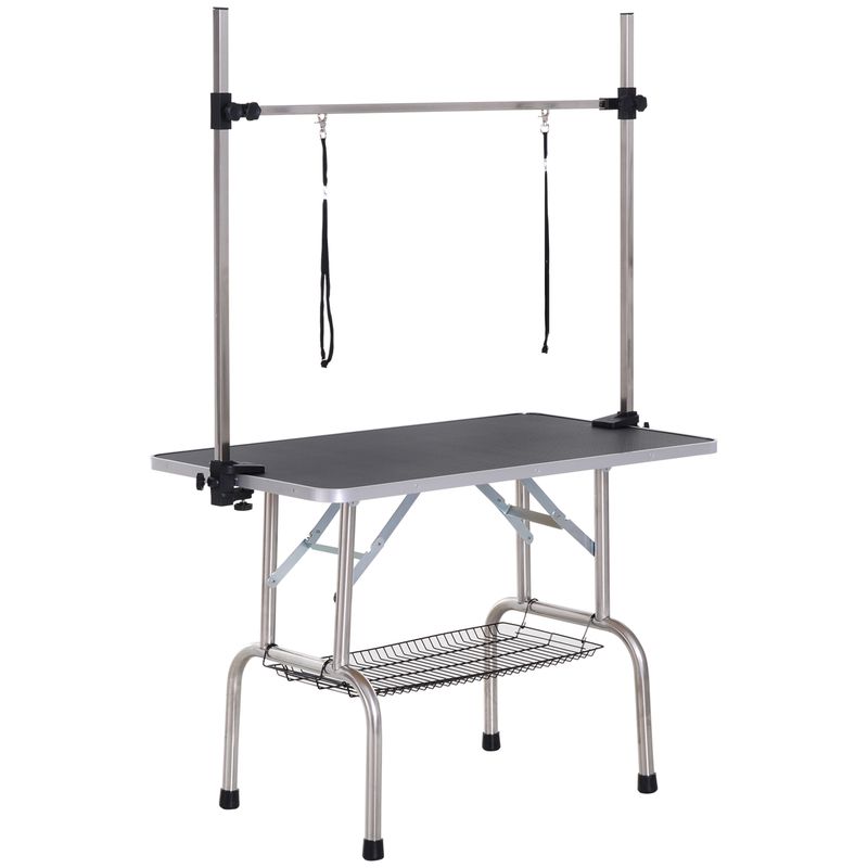 PawHut - Table toilettage pliante chien-réglable, étagère, 100kg max-noir