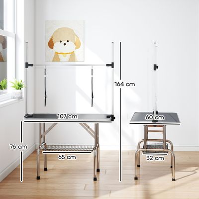 PawHut - Table toilettage pliante chien-réglable, étagère, 100kg max-noir