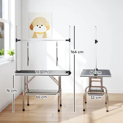 PawHut - Table toilettage pliante chien-réglable, étagère, 100kg max-noir