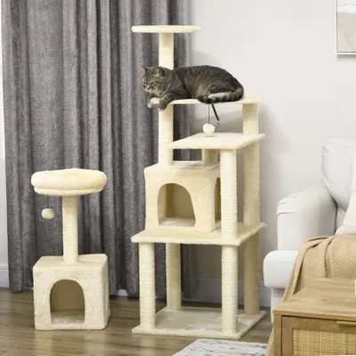 PawHut - Arbre à chat modulable griffoirs 2 niches 4 platef. boules - beige
