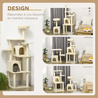 PawHut - Arbre à chat modulable griffoirs 2 niches 4 platef. boules - beige