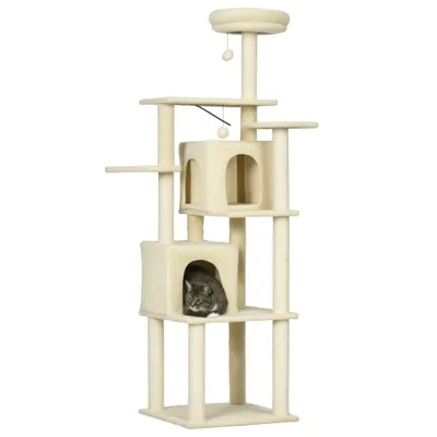 PawHut - Arbre à chat modulable griffoirs 2 niches 4 platef. boules - beige