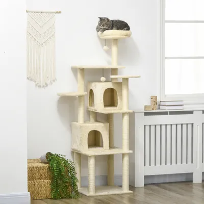 PawHut - Arbre à chat modulable griffoirs 2 niches 4 platef. boules - beige