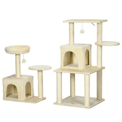 PawHut - Arbre à chat modulable griffoirs 2 niches 4 platef. boules - beige