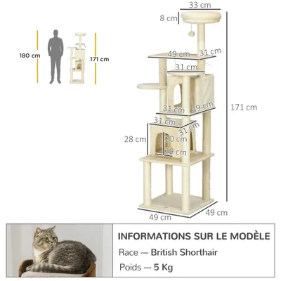 PawHut - Arbre à chat modulable griffoirs 2 niches 4 platef. boules - beige