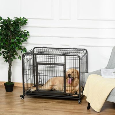 PawHut - Cage Transport Pliable - Roulettes & 2 Portes - H.69cm - Gris Noir