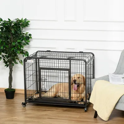 PawHut - Cage Transport Pliable - Roulettes & 2 Portes - H.69cm - Gris Noir