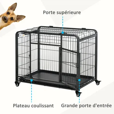 PawHut - Cage Transport Pliable - Roulettes & 2 Portes - H.69cm - Gris Noir