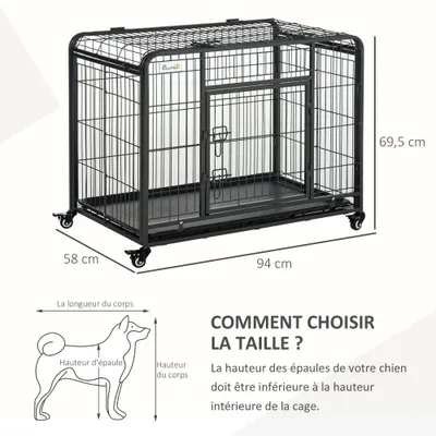 PawHut - Cage Transport Pliable - Roulettes & 2 Portes - H.69cm - Gris Noir