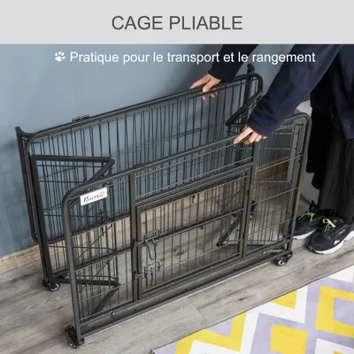 PawHut - Cage Transport Pliable - Roulettes & 2 Portes - H.69cm - Gris Noir
