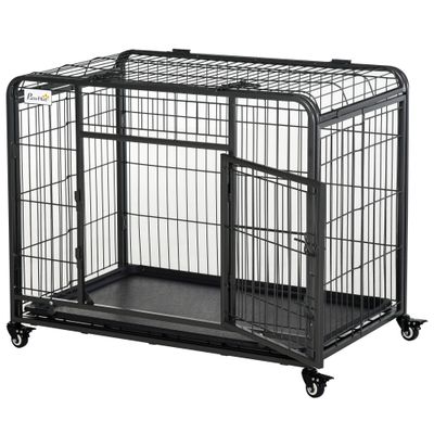 PawHut - Cage Transport Pliable - Roulettes & 2 Portes - H.69cm - Gris Noir