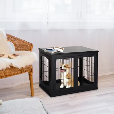 PawHut - Cage pour chien MDF 3 portes verrouillables max 30kg H.66cm - noir