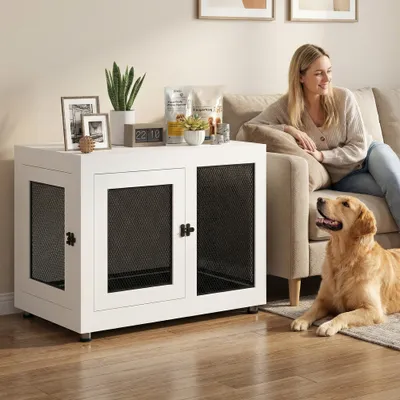 PawHut - Cage pour chien sur pied-2 portes verr. coussin incl.-noir/blanc