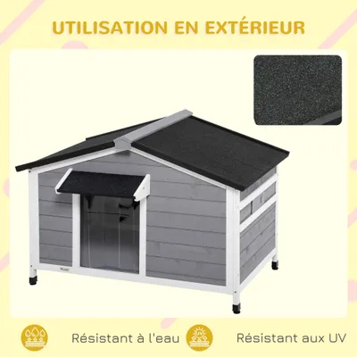 PawHut - niche chien cottage-2 fenêtres, porte, toit ouvrant bitumé - gris