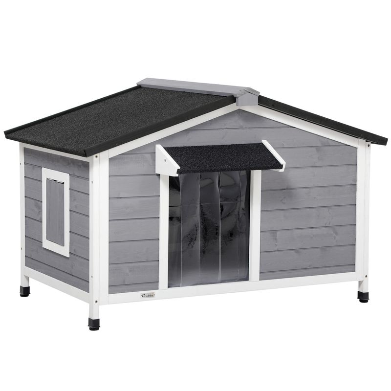 PawHut - niche chien cottage-2 fenêtres, porte, toit ouvrant bitumé - gris