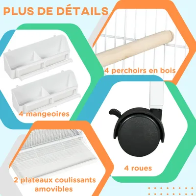 PawHut - Volière roulettes mangeoires perchoirs acier - blanc
