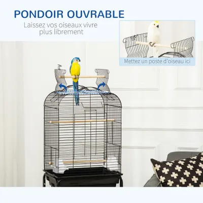 PawHut - Volière sur roulettes, toit ouvrant, tiroir déjection - noir PawHut - Volière sur roulettes, toit ouvrant, tiroir déjection - noir