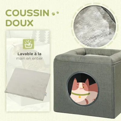 PawHut - Panier chat pouf 2 en 1-coussin amovible lavable - vert de gris