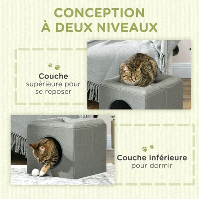 PawHut - Panier chat pouf 2 en 1-coussin amovible lavable - vert de gris