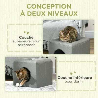 PawHut - Panier chat pouf 2 en 1-coussin amovible lavable - vert de gris