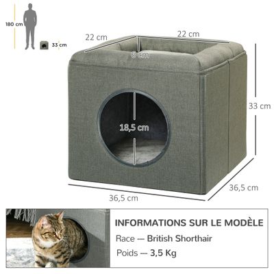 PawHut - Panier chat pouf 2 en 1-coussin amovible lavable - vert de gris