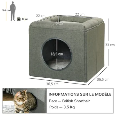 PawHut - Panier chat pouf 2 en 1-coussin amovible lavable - vert de gris