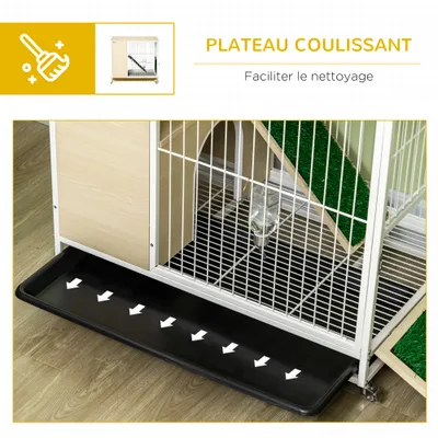 PawHut - Clapier à lapin-2 niveaux sur roulettes toit ouvrant - blanc