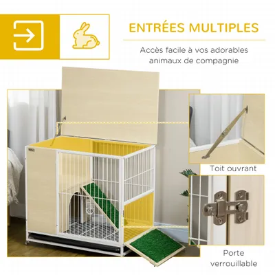 PawHut - Clapier à lapin-2 niveaux sur roulettes toit ouvrant - blanc