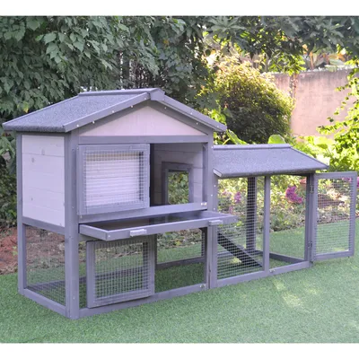 PawHut - Clapier 2 étages 3 portes, tiroir, toit bitumé H.84cm - gris blanc