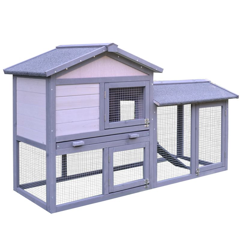 PawHut - Clapier 2 étages 3 portes, tiroir, toit bitumé H.84cm - gris blanc