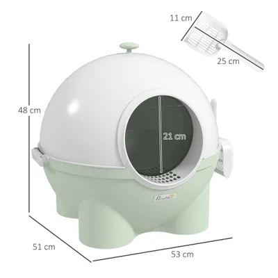 PawHut - Litière boule chat porte battante, couv. amov., pelle - vert blanc