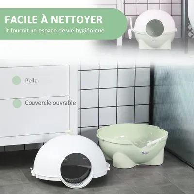 PawHut - Litière boule chat porte battante, couv. amov., pelle - vert blanc