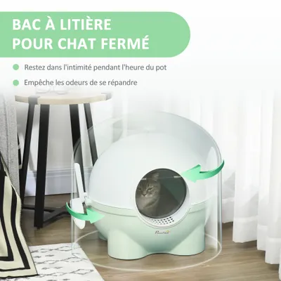 PawHut - Litière boule chat porte battante, couv. amov., pelle - vert blanc