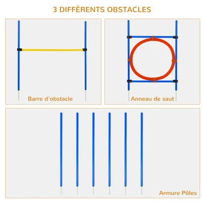 PawHut - Kit Agilité avec 6 Poteaux, Obstacle - bleu jaune rouge