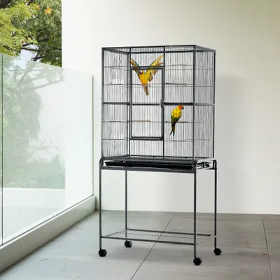 PawHut - Cage oiseaux portable 4 mangeoires H.163 cm - noir gris PawHut - Cage oiseaux portable 4 mangeoires H.163 cm - noir gris