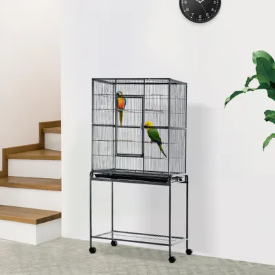 PawHut - Cage oiseaux portable 4 mangeoires H.163 cm - noir gris PawHut - Cage oiseaux portable 4 mangeoires H.163 cm - noir gris