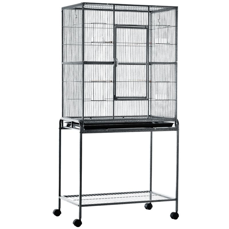 PawHut - Cage oiseaux portable 4 mangeoires H.163 cm - noir gris