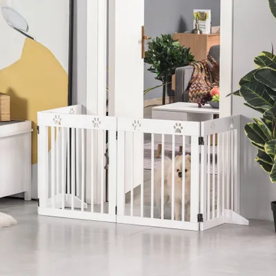 PawHut - Barrière animaux-modulable pliable 4 panneaux motif patte - blanc PawHut - Barrière animaux-modulable pliable 4 panneaux motif patte - blanc