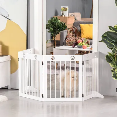 PawHut - Barrière animaux-modulable pliable 4 panneaux motif patte - blanc PawHut - Barrière animaux-modulable pliable 4 panneaux motif patte - blanc